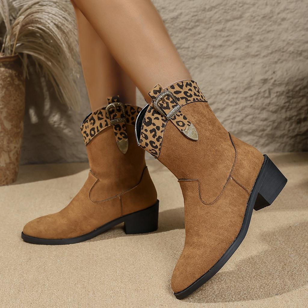 Autumn Women's Ankle Boots Fashion Metal Belt Buckle Mid-heel Western Cowboy Boots Colorful Print Fabric Booties Slip-on Shoes