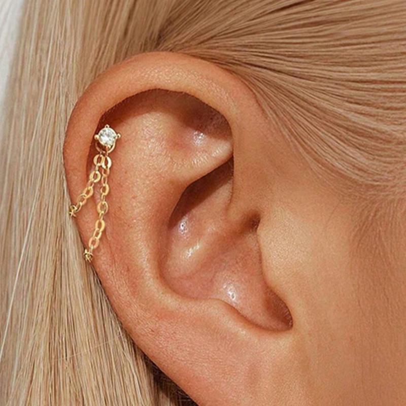 4Pcs Dangle Flat Back Earrings With Chain, Threadless Stainless Steel Push-In Cartilage Helix Tragus Nose Piercing Jewelry