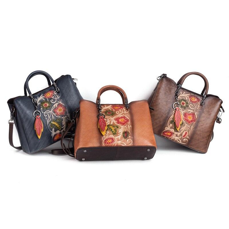 Johnature Borsa versatile in vera pelle da donna, vintage, fatta a mano, in pelle di mucca naturale goffrata, borse a tracolla