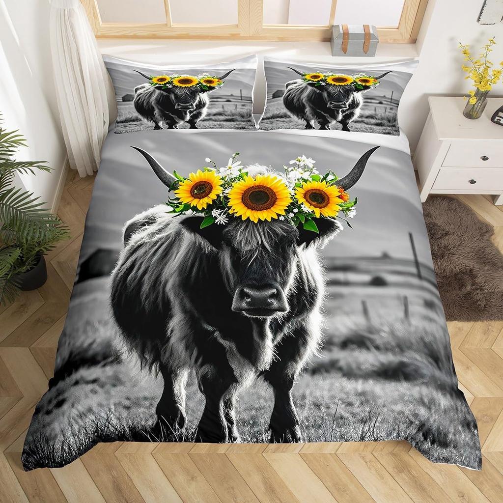 Hochlandrind Bettbezug Bulle Sonnenblume Kuh Bettwäscheset Queen Für Jungen Männer Mikrofaser Wildtiere Bauernhaus Tier Bettdeckenbezug