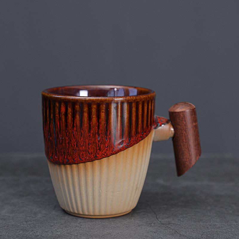 Coarse pottery coffee cup medieval cup wooden handle mug niche kiln change Japanese retro ceramic water cup afternoon tea cup