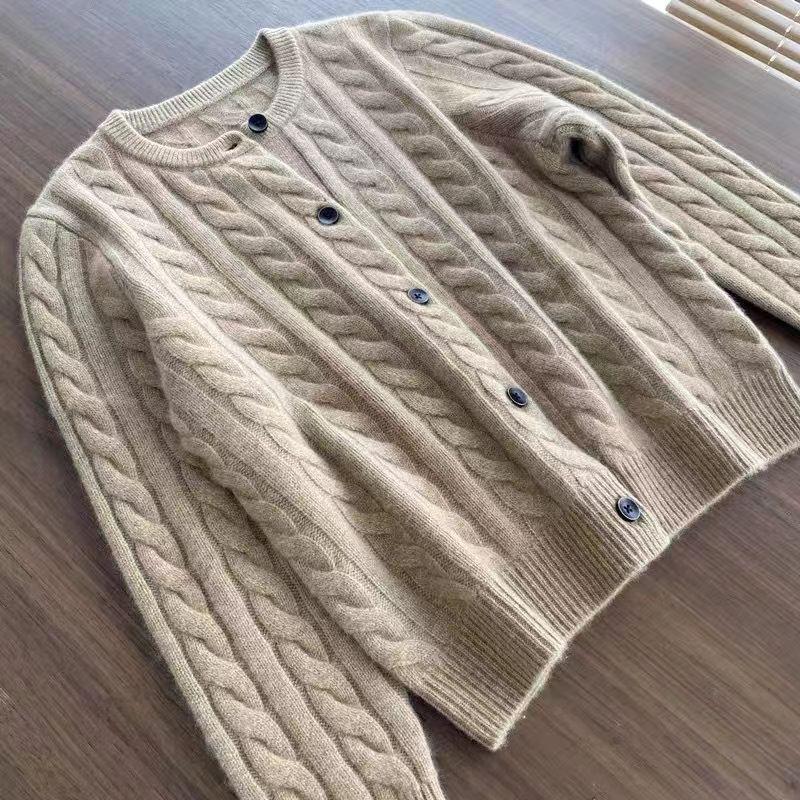 Women's Wool Cardigan - Round Neck, Thick, Cable Knit Sweater for Autumn and Winter
