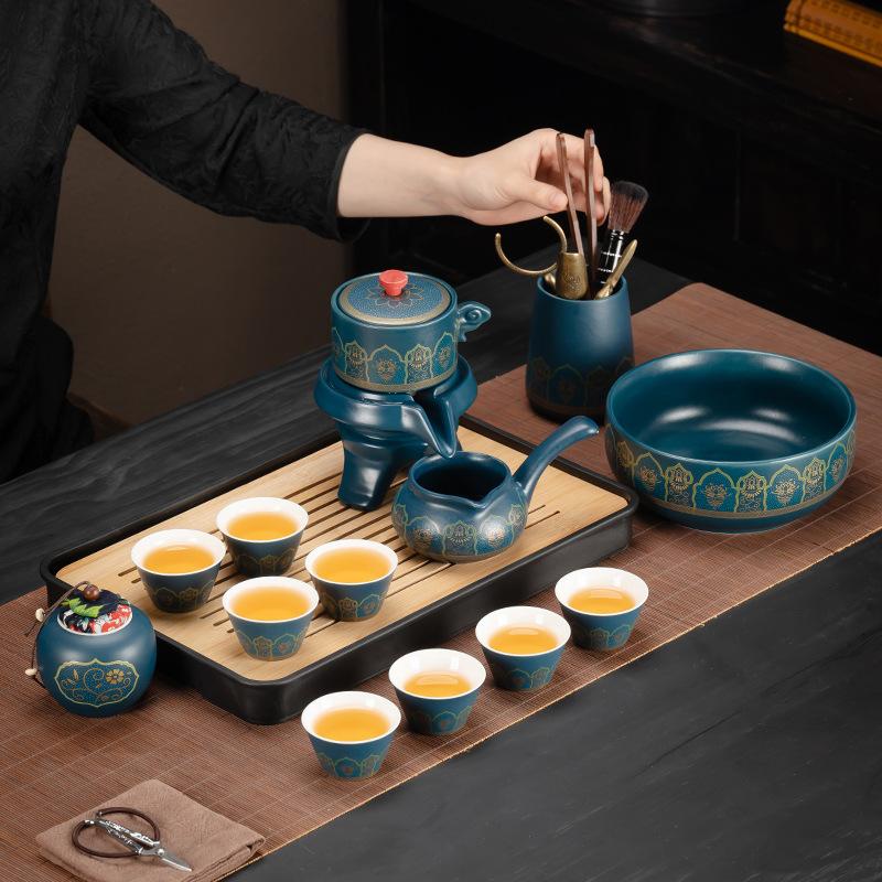 Household tea brewing light luxury blue ancient rhyme automatic tea set Household lazy tea brewing device light luxury ceramic stone grinding teapot