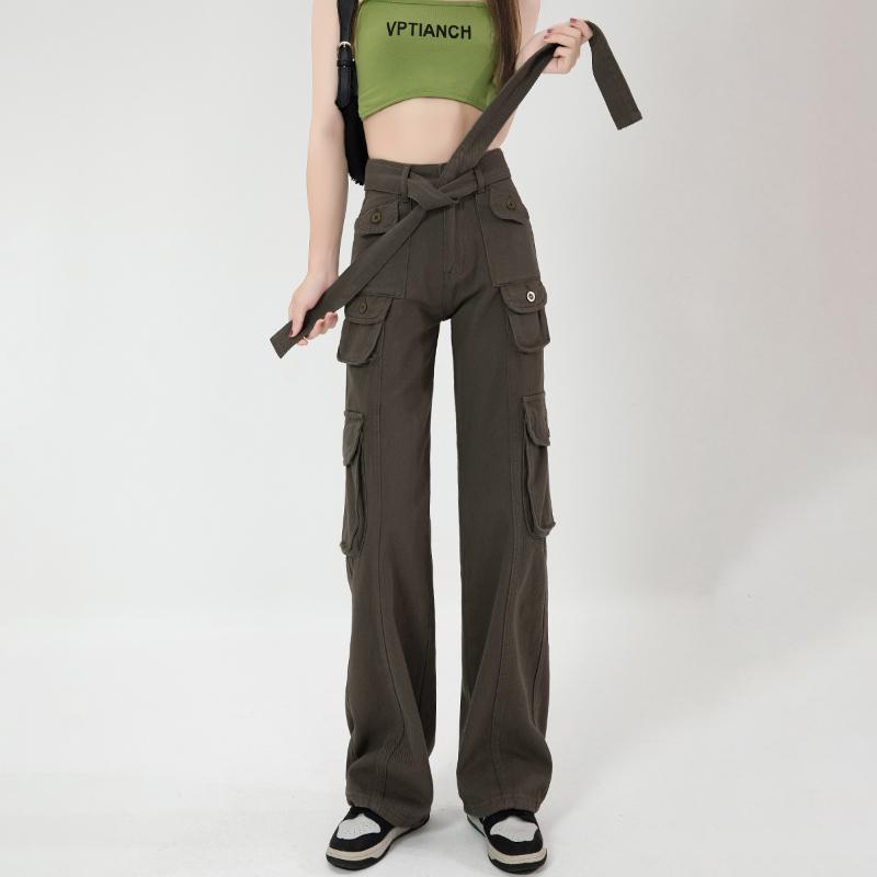 2022 Summer retro Straight High Waist Wide Leg Casual Trousers cargo Pants  Bandage Solid Pockets Streetwear Harajuku Loose