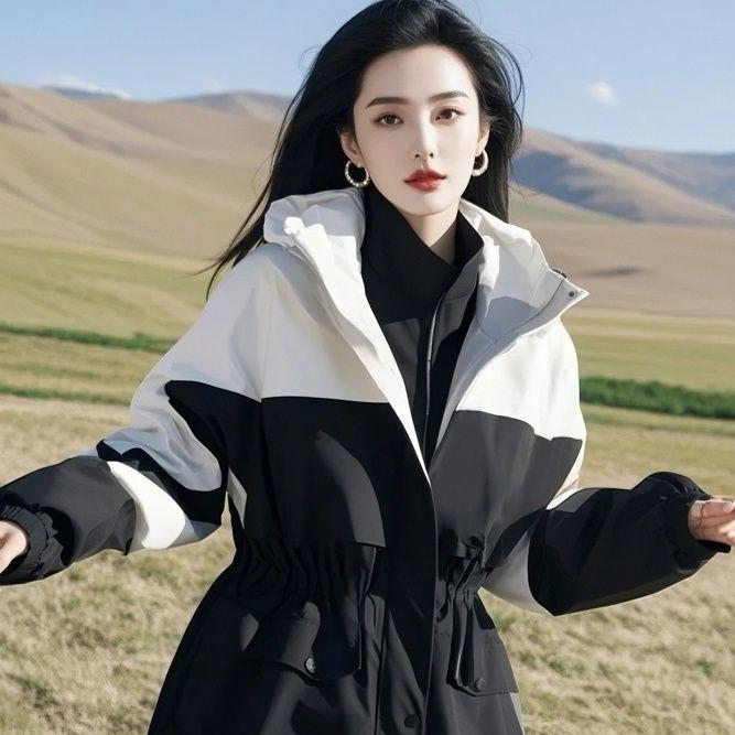 **2025 Korean Style Color Block Mid-Length Casual Windbreaker Jacket** M for 80-100 lbs