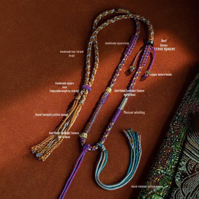 

Тибетское ожерелье из разноцветного хлопкового шнура ручной работы с этническим кулоном-амулетом Тханка