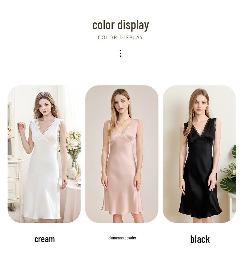 Luxurious Mulberry Silk French Nightgown - Women's V-Neck, Wide Shoulder Straps, Mid-Length