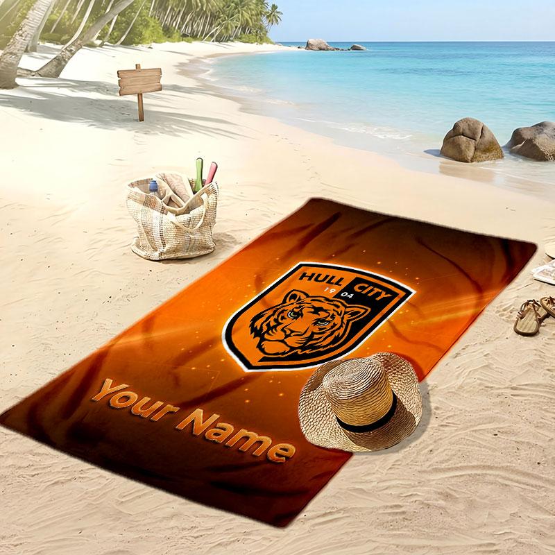 Asciugamano da Spiaggia Personalizzato Stampato Hull City Logo Calcio Supporto Nome Personalizzato Testo Asciugamano Assorbente Per Sport Viaggio Regalo Speciale