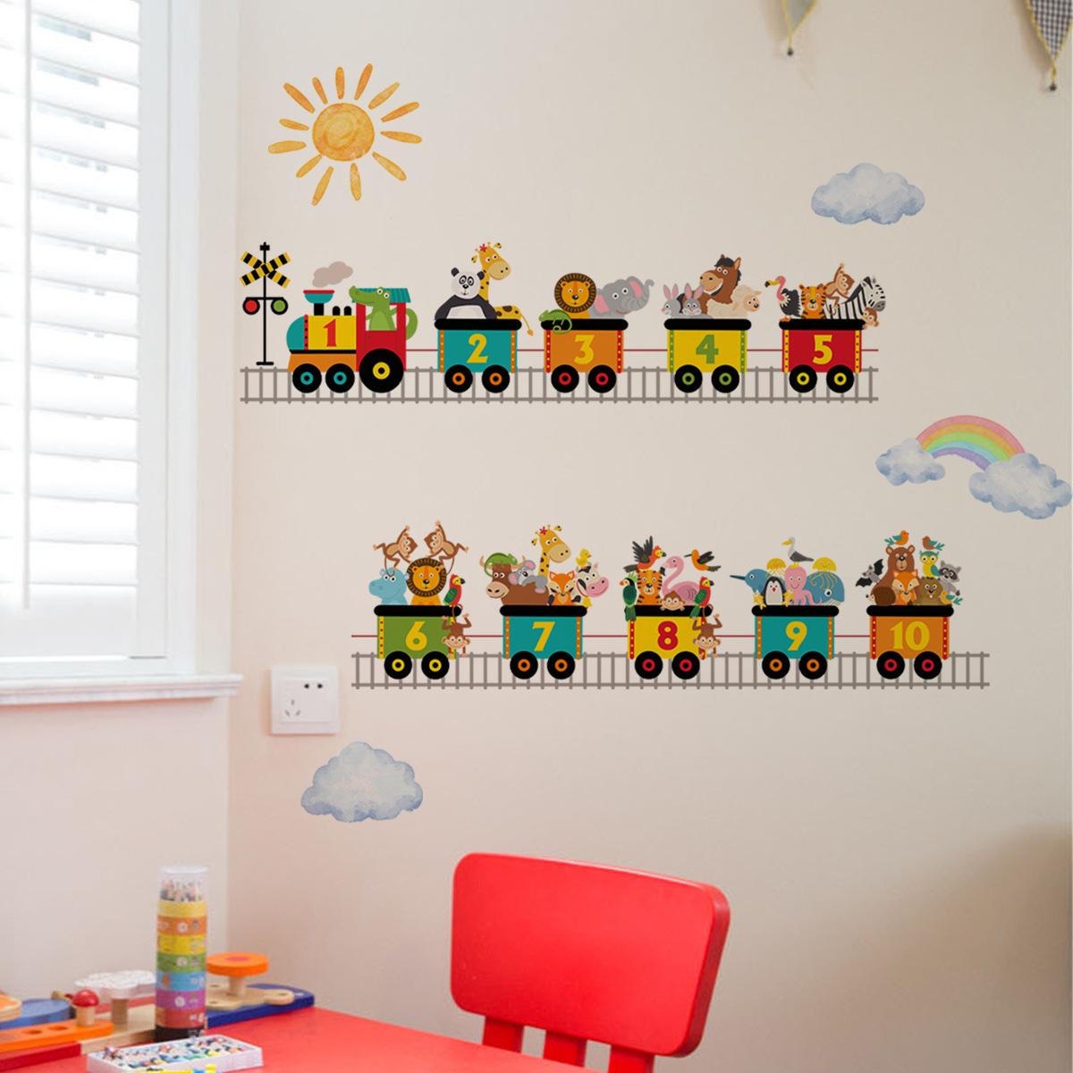 

Акварельные мультяшные животные, цифры, поезд, медведь, слон, жираф, наклейки на стену для детской комнаты, детской комнаты, спальни, наклейки на стену