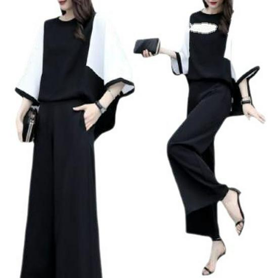 Women's Spring/Summer Two-Piece Set: Loose Spliced Top & Wide-Leg Pants Casual Fashion