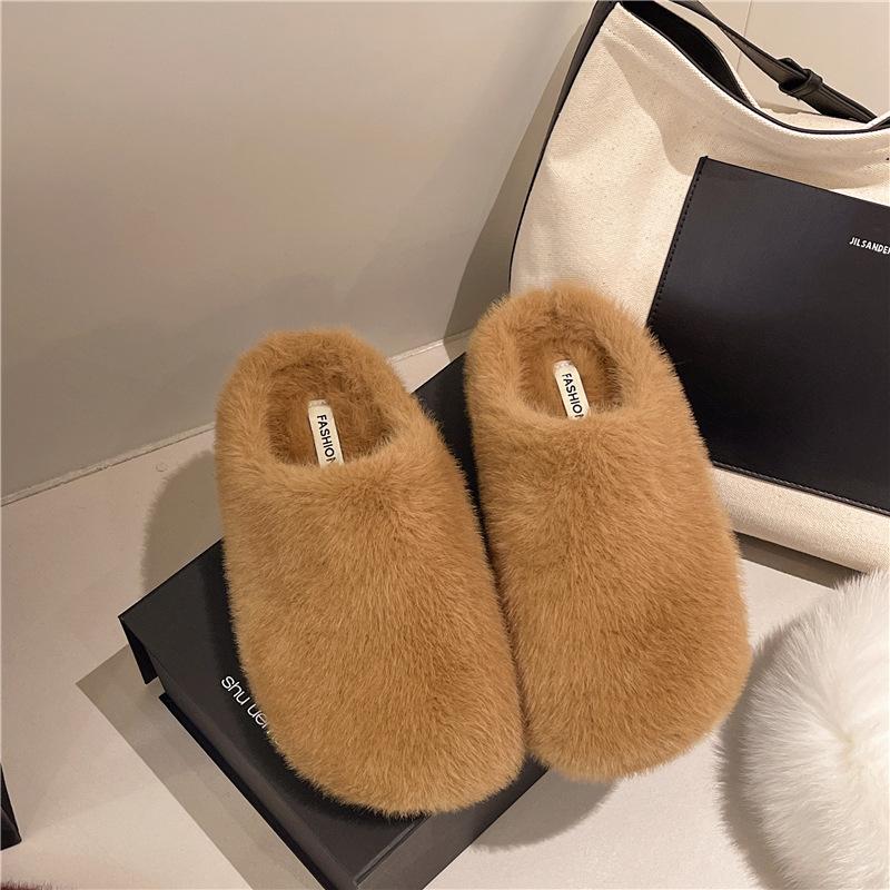 Kaninchenfell Französische flache Tasche Kopf flauschige Hausschuhe für Damen zum Tragen 2025 neue Herbst- und Winter-Ein-Pedal-Samt-Baumwollhausschuhe