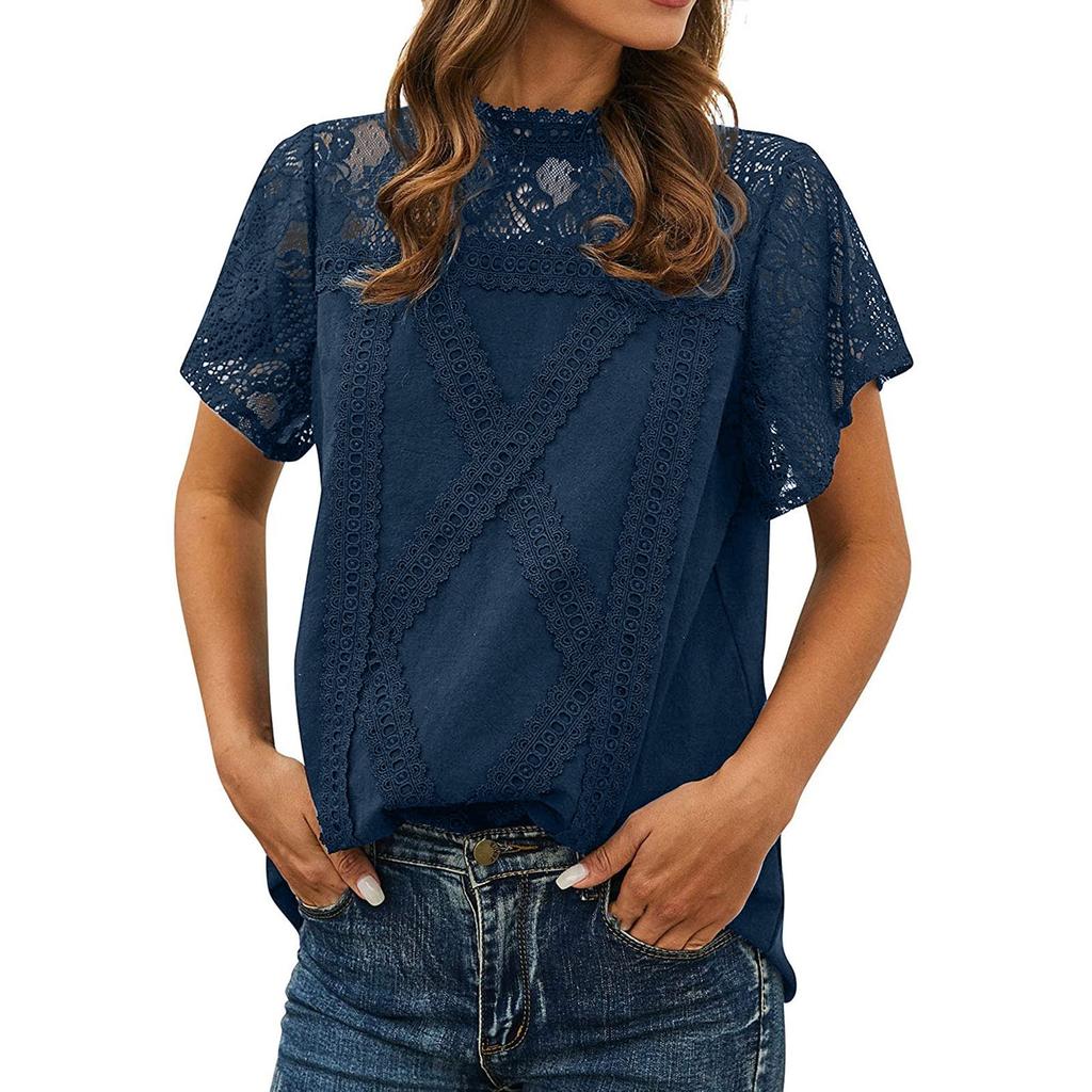Women's Cute Lace Blouse Top Short Sleeve Lace Hollow Out Turtle Neck T Shirt