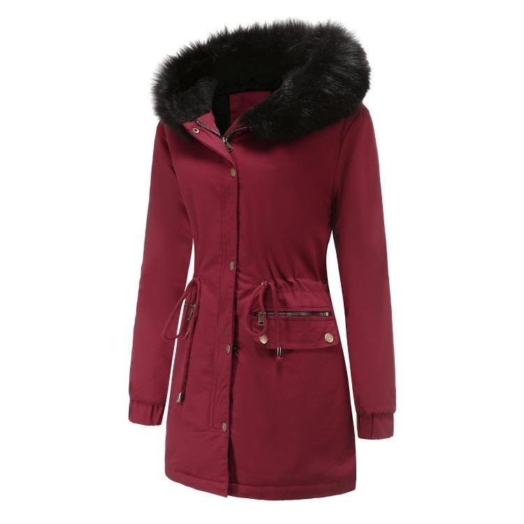 Warm Fluffy Winter Jacket Medium Long Hooded Collar Parker Coat Cotton Zipper Coat