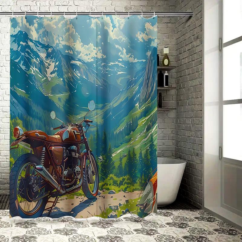 

Vintage Motorcycle In Mountain Landscape Shower Curtain Retro Bike Scenery With Camping Tent Artistic Bathroom Decor Easy-Clean W60H190(CM)-1 Pcs