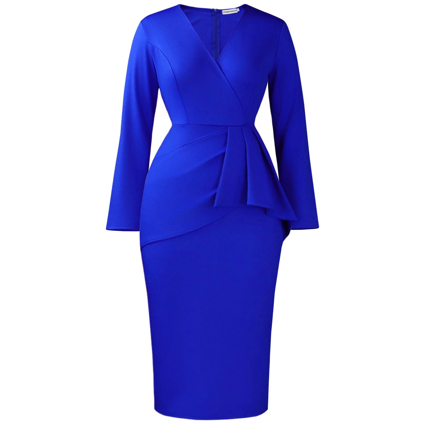

D606 New Autumn/Winter V-neck High-waist Hip-hugging Solid Color Pleated Ruffle Dress Small королевский синий