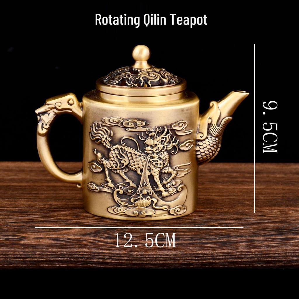 Brass Rotating Qilin Teapot: Creative Light Luxury Copper Handicraft Ornament for Home or Office.