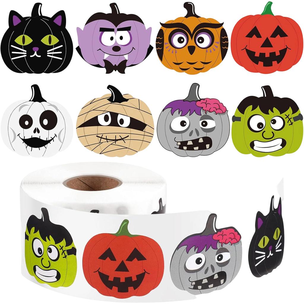 Halloween Stickers Roll 500 Count - Self-Adhesive Labels with Pumpkin Faces and Assorted Designs for Party Favors, Envelope Seals and DIY Crafts