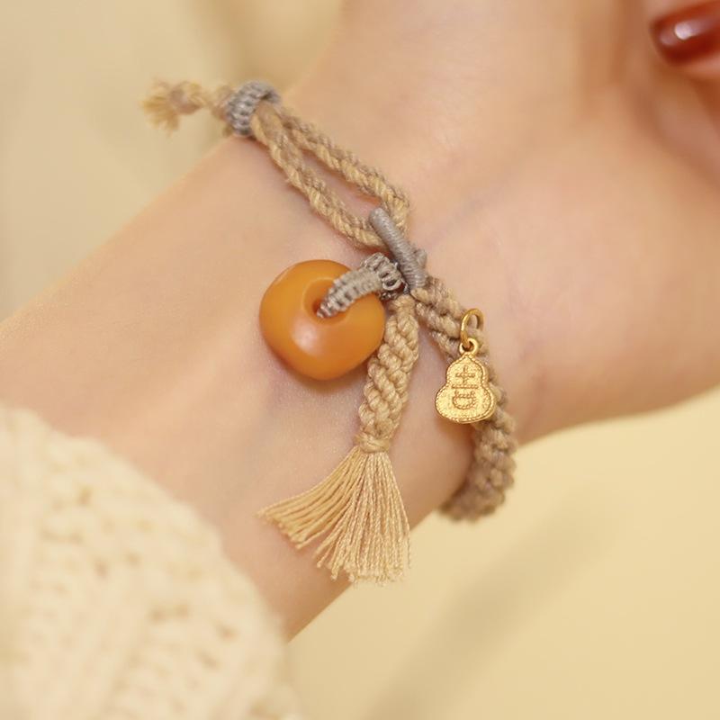 

Orange Dream Mountain Old Amber Pendant Tassel Gourd Woven Bracelet Fashionable Elegant Ethnic Style Hand Rope Orange Dream Mountain