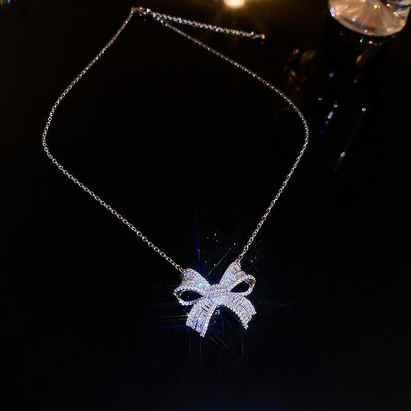 Korean super flash diamond bow tassel necklace fashion personality collarbone chain necklace women