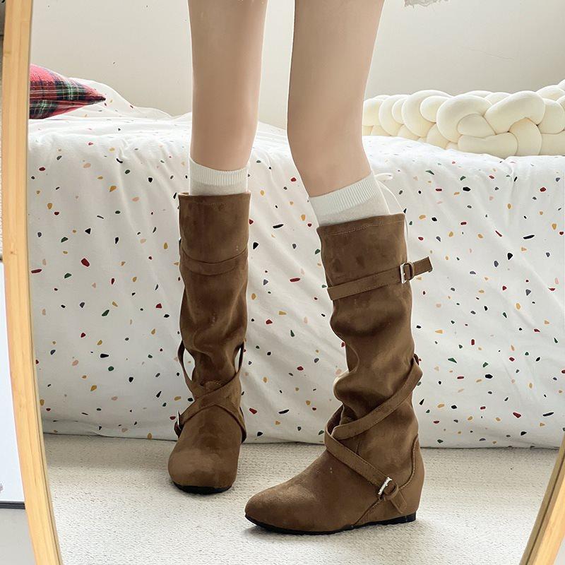 Belt buckles pile up new boots versatile knight boots long boots women 2025 thin retro inner height increase autumn tall tube