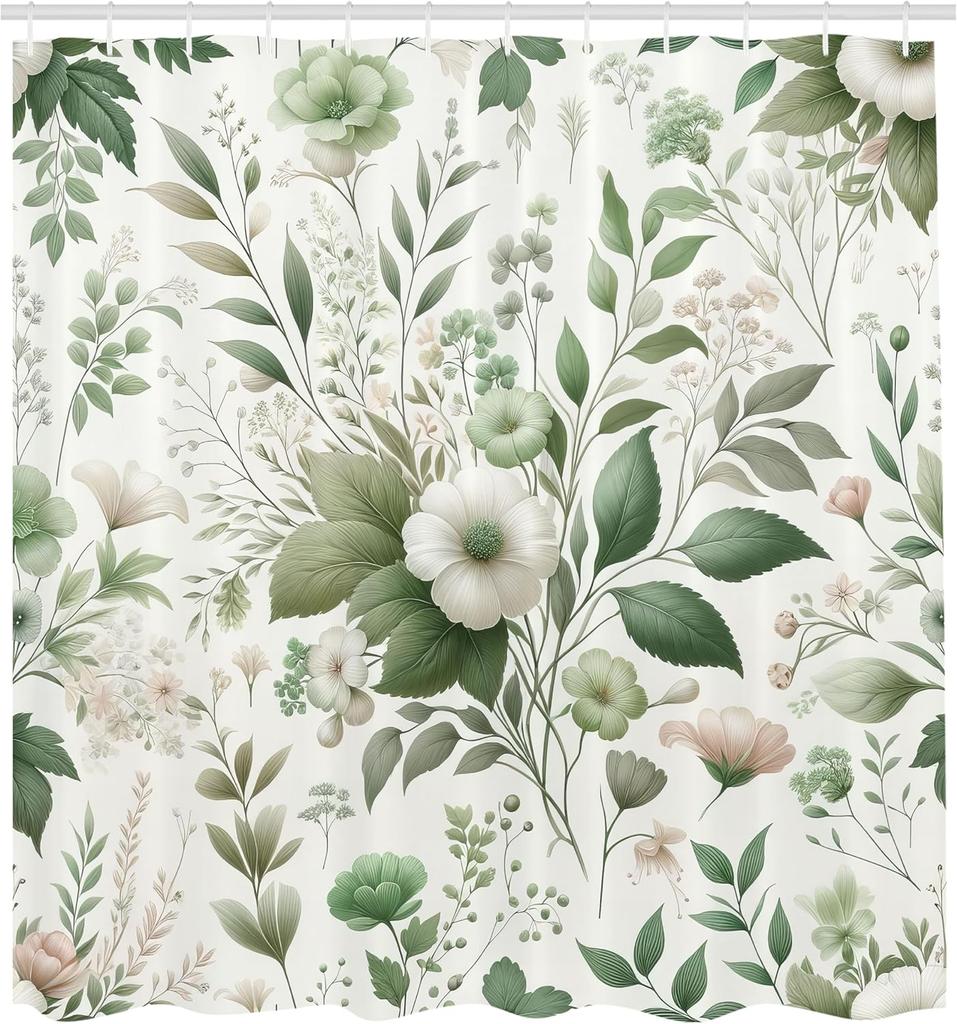 Green Shower Curtain, Vintage Farmhouse Themed Spring Feel Flowers And Leaves Urban Jungle Print, Cloth Fabric Bathroo