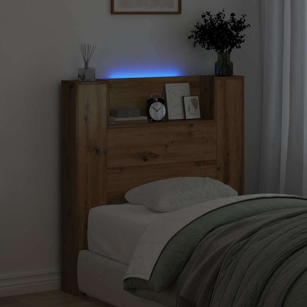 Storage Headboard with LED Artisan Oak Wood Based Material