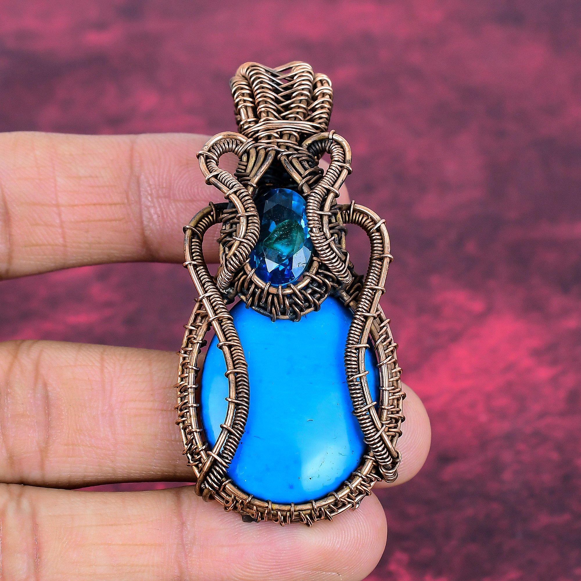 Sleeping Beauty Turquoise Pendant Copper Wire Wrapped Jewelry London Blue Topaz Gemstone Pendant