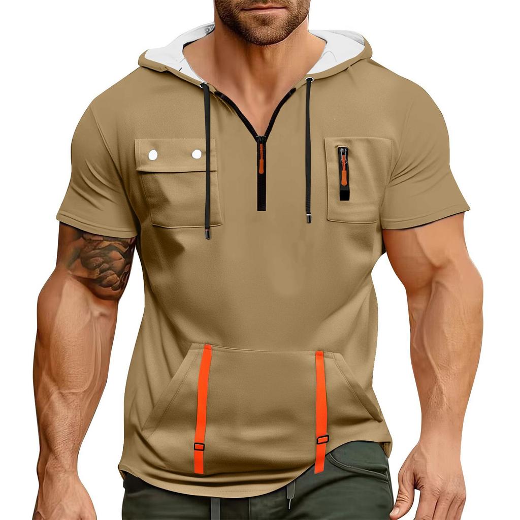 Men's Summer Shirt Zipper Pocket Short Sleeve Hooded Sweatshirt Men's Sports Large Size Casual Sweatshirt