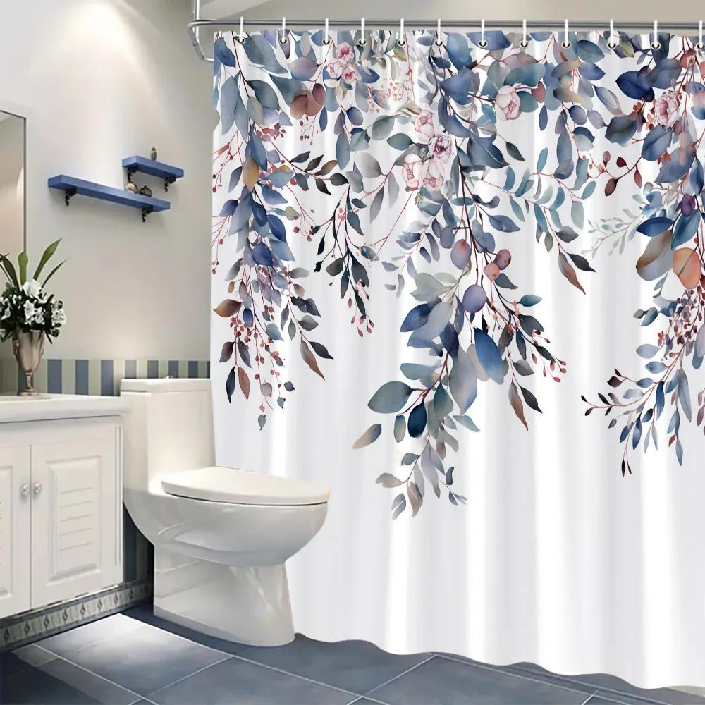 Watercolour Botanical Leaf Shower Curtain Thanksgiving Gift Polyester Green Leaf Print Shower Curtains Bathroom Decor with Hooks