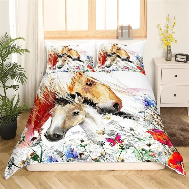 3D Horse Duvet Cover King Queen Size Yellow Sunflower Bedding Collection Floral Animal Theme Quilt Cover Wildlife Soft Comforter Cover