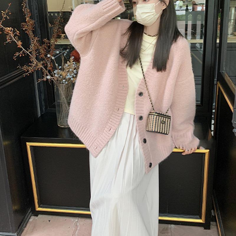 

Кардиган свитер в университетском стиле, мягкий, восковой, однотонный, с вырезом на шее, женский, новый, осенне-зимний, свободный, в ленивом стиле, вязаное пальто, топ женский One Size розовый