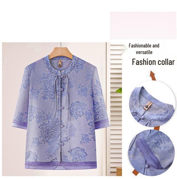 Elegant 2026 Summer Print Top for Middle-Aged & Elderly Women - Chinese Style