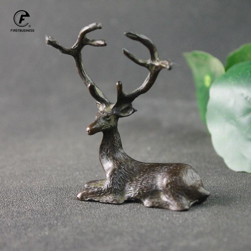 Antique Copper Sika Deer Tabletop Small Ornaments Vintage Brass Animal Figurines Desk Decorations Accessories Home Decor Crafts