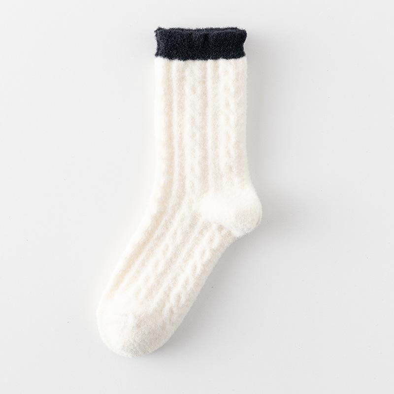 Women's Mid-calf Socks for Autumn and Winter, Thick and Warm Mink Fleece with Linen Patterns, Long Home Sleeping Socks
