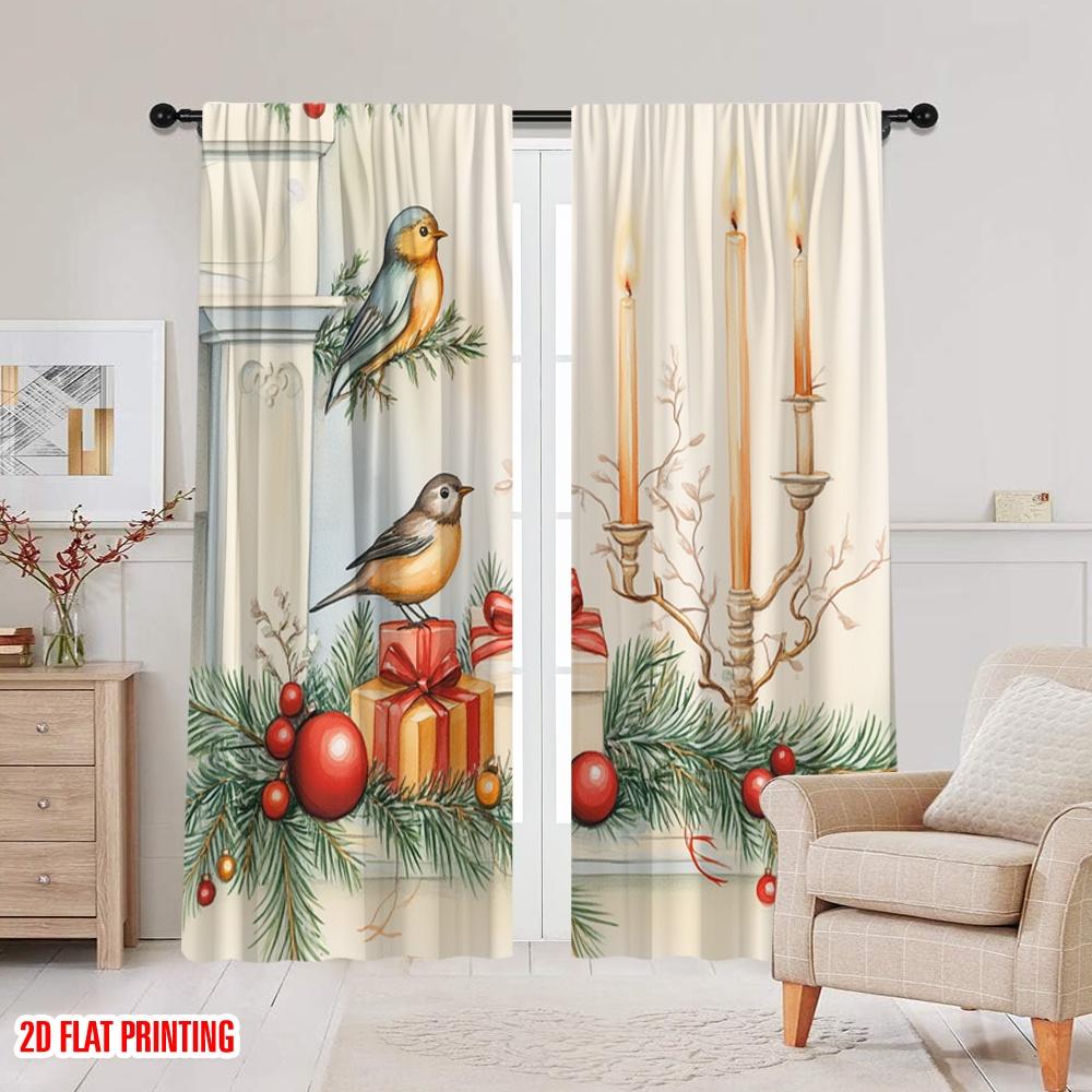 2pcs,2D Plane Printing Pattern Curtains Christmas Bird Candle Ornament Fireplace (3) Versatile 100% Polyester (without Rod)