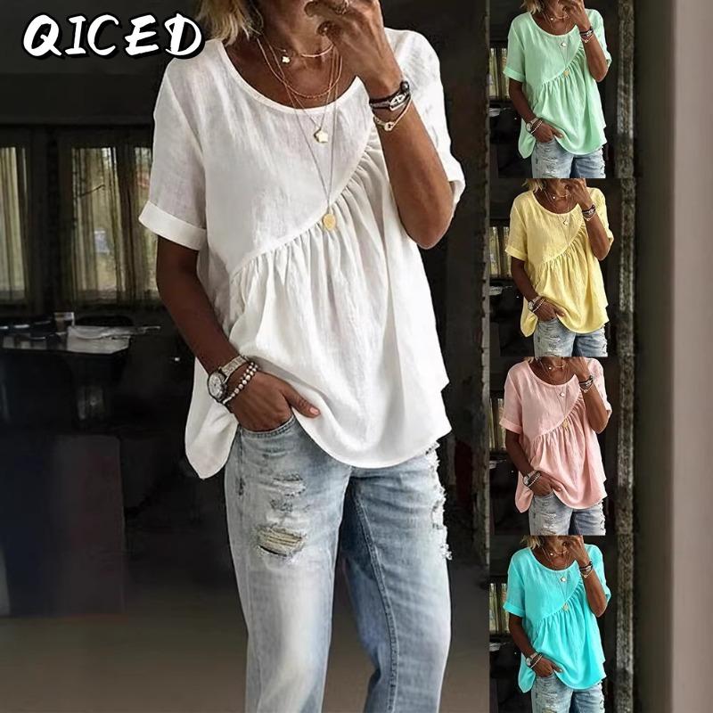 QICED Women's Fashion Casual Solid Color Print Short Sleeve O-Neck Blouses & Shirts