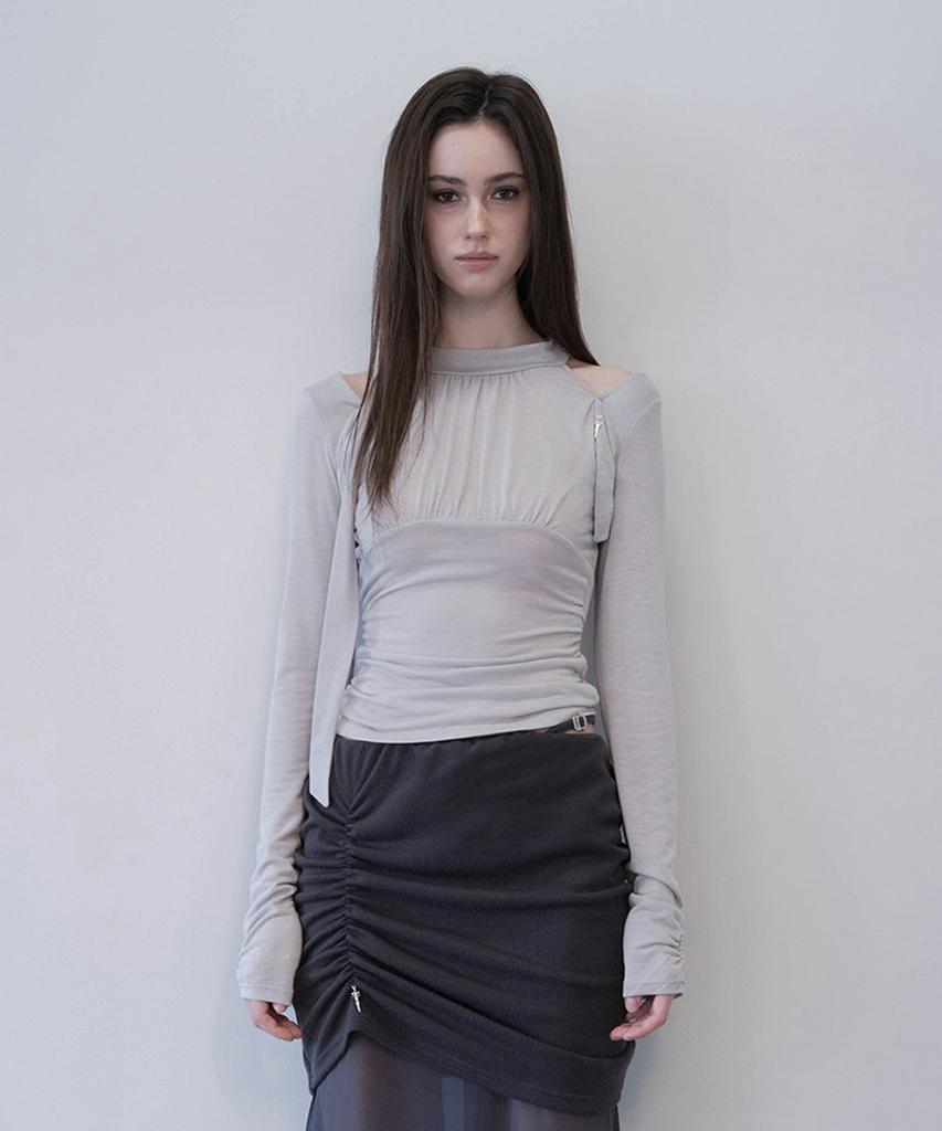 Demio Layered Scarf Shirring Top (Light Gray)