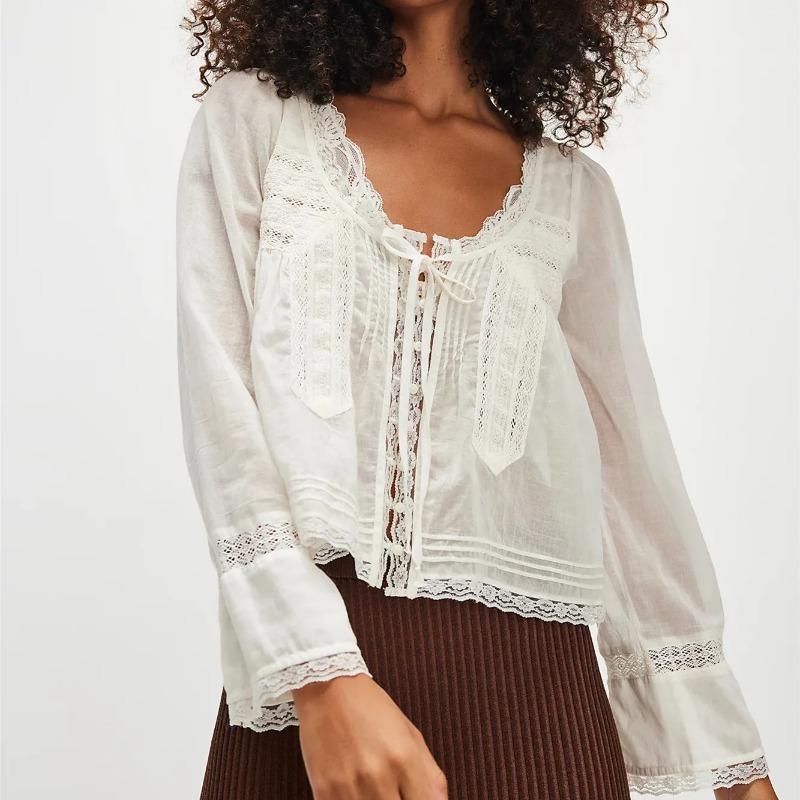 Women Y2k Vintage Long Sleeve Lace Up Blouse Scoop Neck Open Front Tie Lace Trim Crop Ruffle Solid Color Shirt