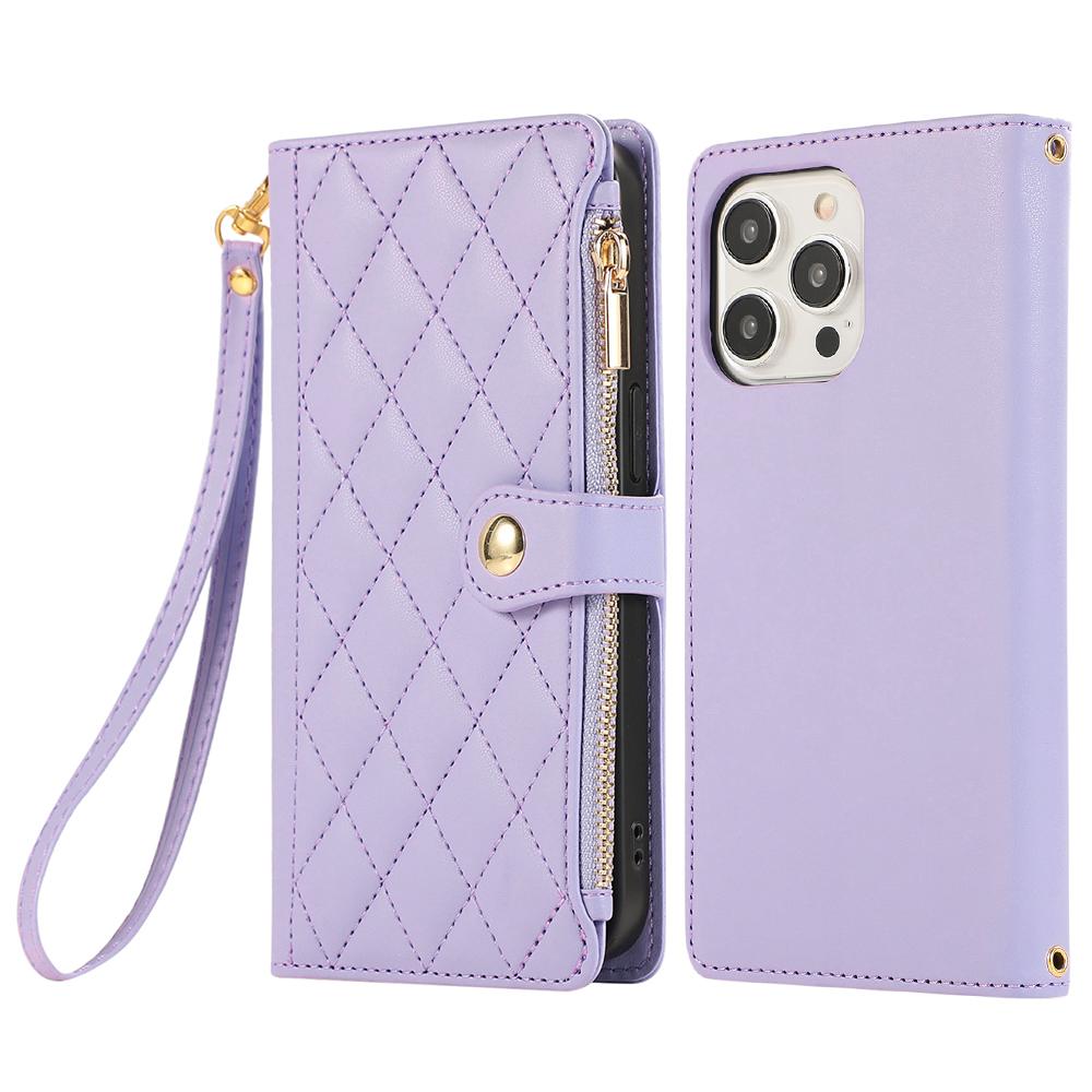 For iPhone 15 Pro Case Multi Card Slots Zipper Rhombus Leather Phone Cover with Wrist Strap