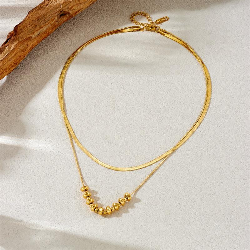 Gold Double Layer Herringbone Chain Bead Station Necklace