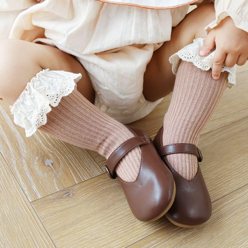 5Pairs Lace Trim Infant Cotton Stockings Ruffled Edge Cartoon Above Knee Socks Kids