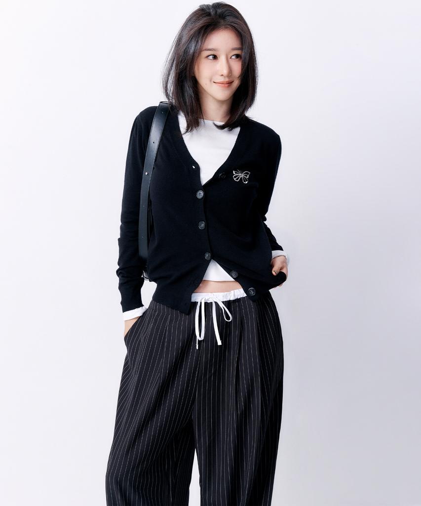 Nigaennikol Stripe Layered Pintuck Slacks_Black