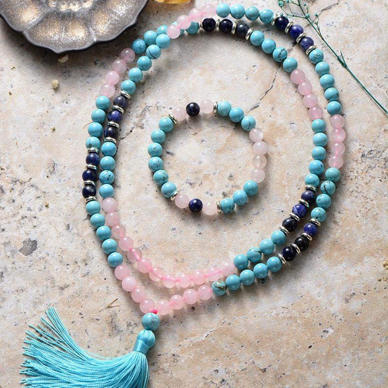 Retro Ethnic Style Tiger'S Eye Stone Turquoise Beaded Necklace 108 Buddha Beads Rosary Beads Fringed Long Necklace Men And Women
