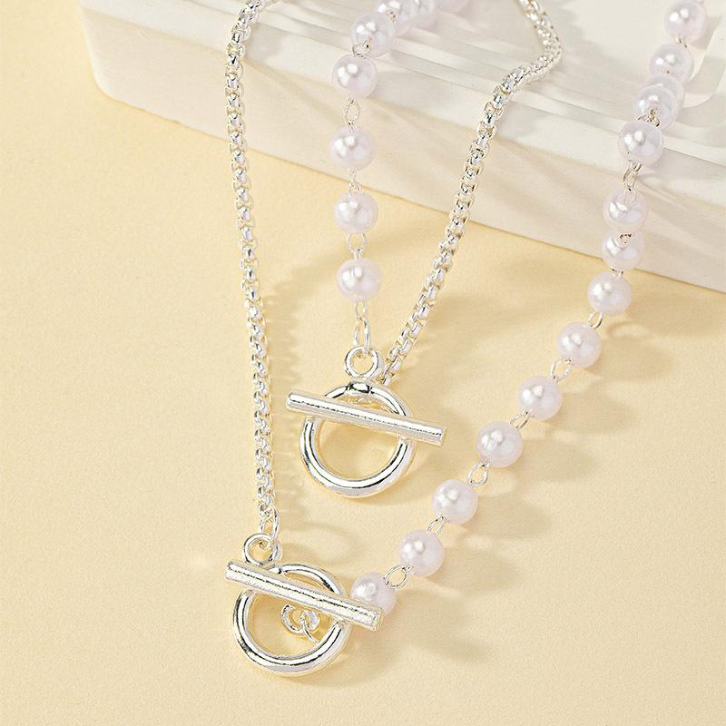 2pcs Elegant Imitation Pearl Beaded Choker Necklaces Bracelet Set for Women  OT Buckle Wedding Party Jewelry Set Gift