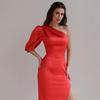 Asymmetrical Neckline Backless Slit Dress - Women's Solid Color Short Sleeve, 2025 Autumn Collection