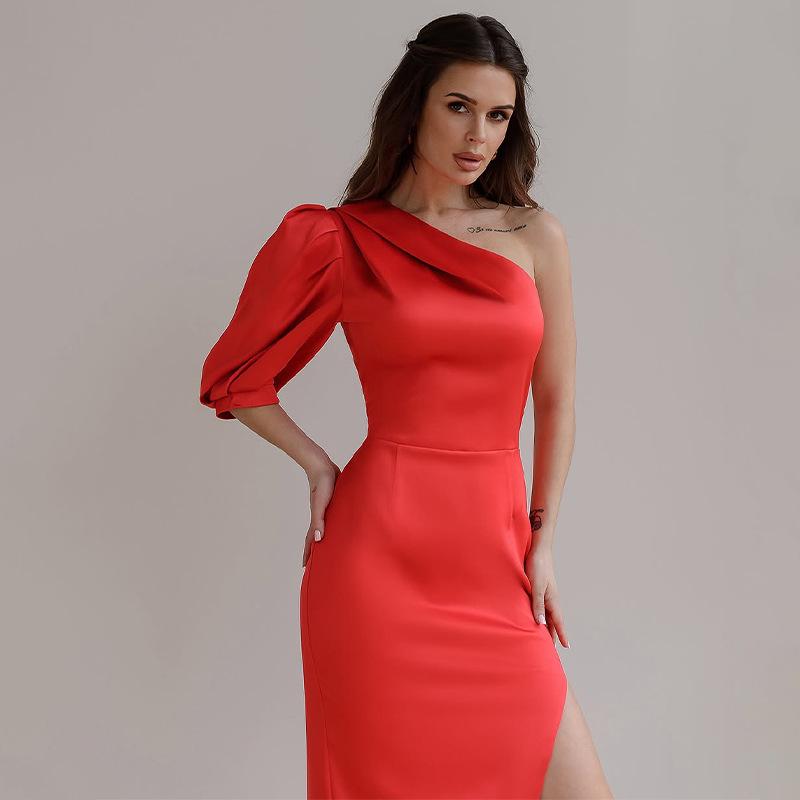 Asymmetrical Neckline Backless Slit Dress - Women's Solid Color Short Sleeve, 2025 Autumn Collection