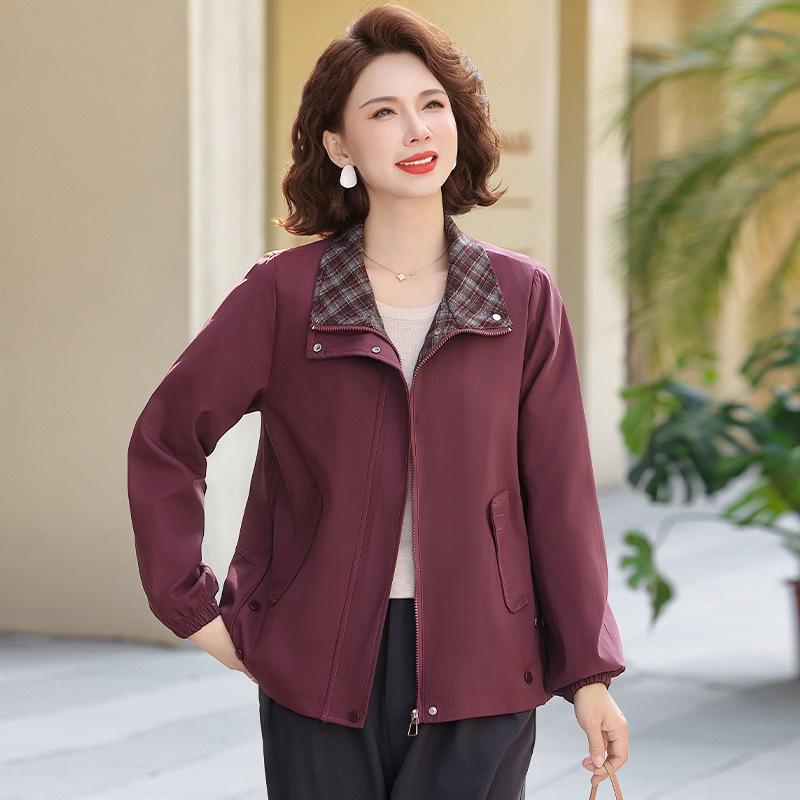 

Spring Arrival: Mother s Casual Solid Patchwork Plaid Zipper Jacket with Lapel - Loose Fit for Women 2XL (for 105-120 jin) красный