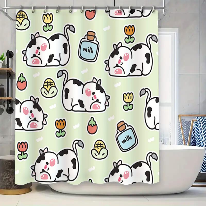 

Adorable Cow Print Shower Curtain For Bathroom Decor In Pastel Colors With Milk Bottle Design Cute Home Accessories Gift Idea W60H190(CM)-1 Pcs