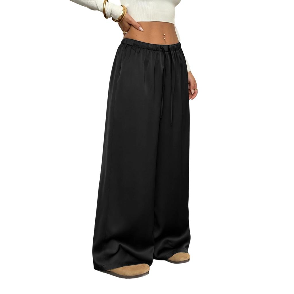 Women's High Waist Wide Leg Pants Loose Fit Casual Trousers Lightweight Flowing Fabric Elastic Waistband with Drawstring