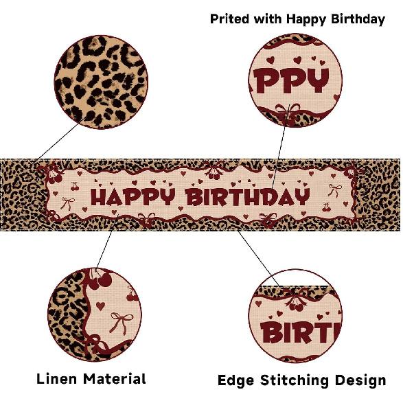 Leopard Print Birthday Table Runner 13 x 72 Inches Cheetah and Cherry Birthday Decorations for Home Kitchen Indoor Holiday Party Farmhouse Decor